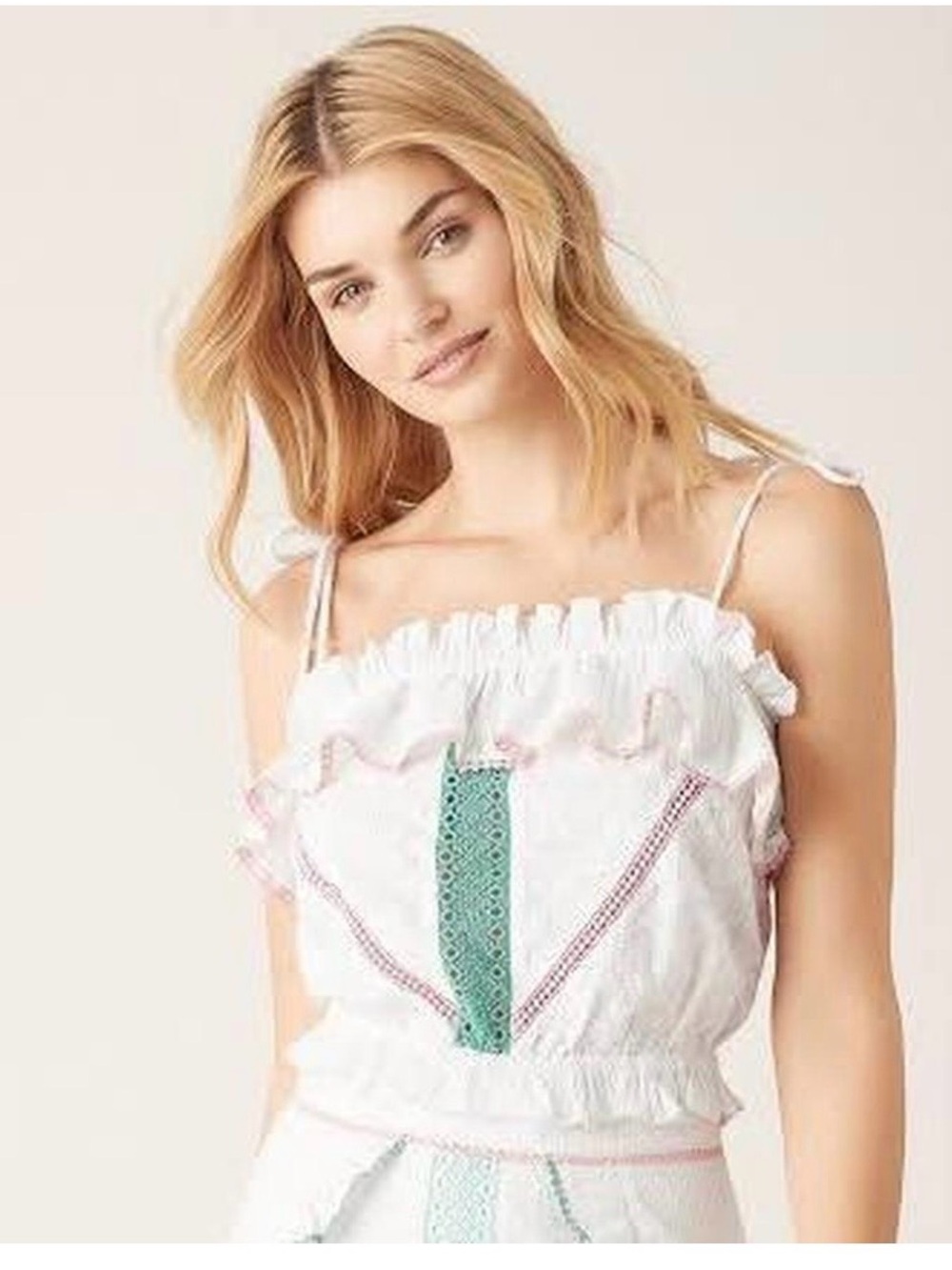 Tigerlily White Ruffle Lace-Trim Camisole with Green Accent